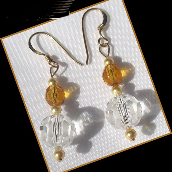 Crystal Pearl 14K Gold Plated Earrings Handmade - Picture 3 of 6